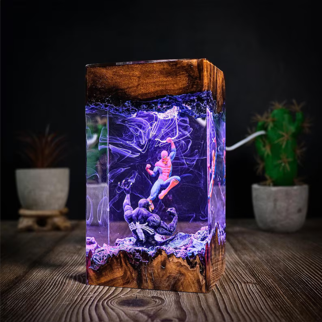 Spider Man vs Venom LED Resin Lamp - Marvel Wood & Epoxy Battle Diorama Light