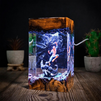Spider Man vs Venom LED Resin Lamp - Marvel Wood & Epoxy Battle Diorama Light